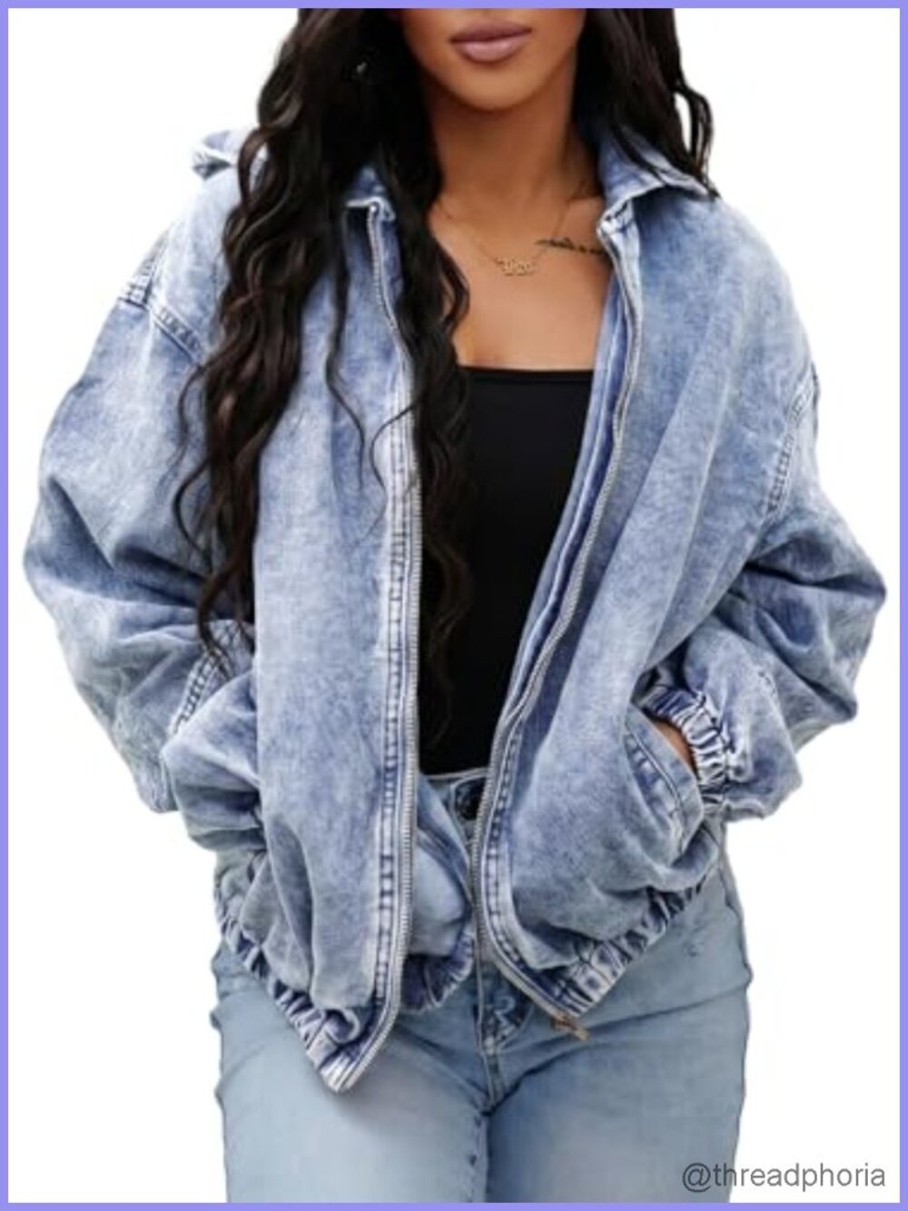 Womens Vintage Washed Hooded Zip Up Denim Bomber Jacket Oversized Jean Coat